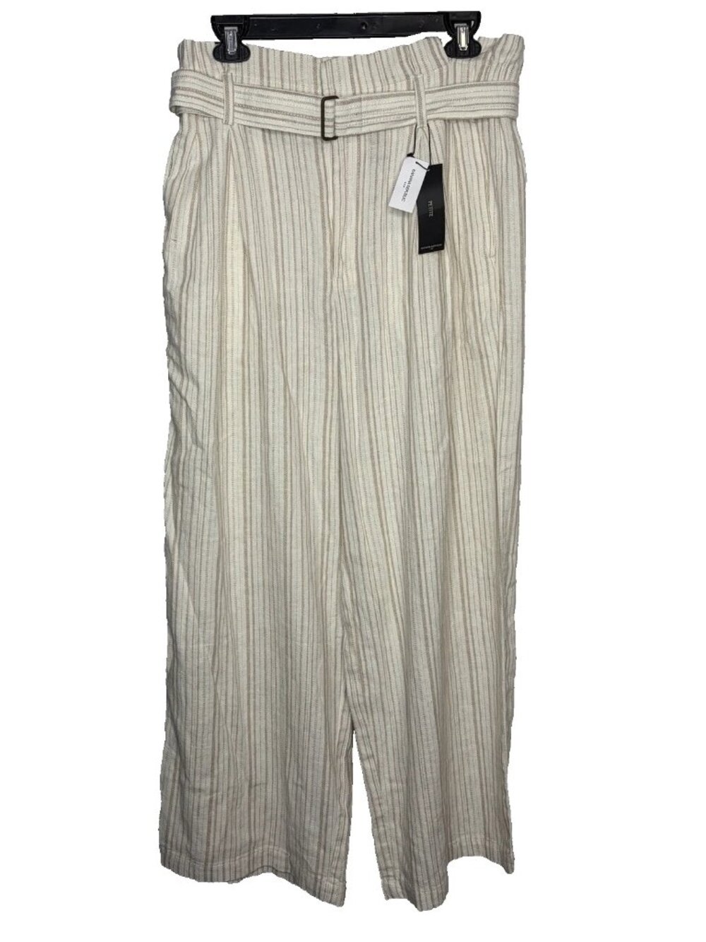 Banana Republic Linen Pants Size 10 PETITE Ivory Beige Striped Belted Wide Leg